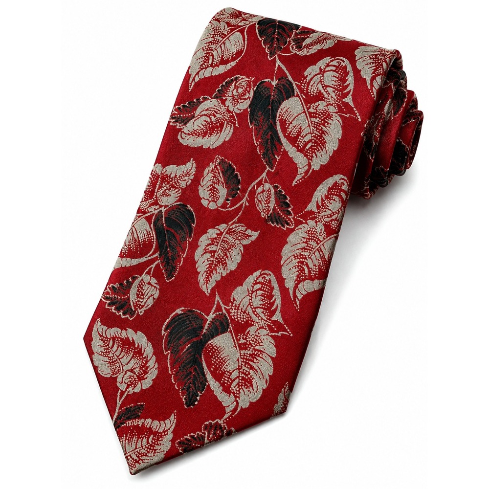 Giorgio Armani Mens 100% Silk Tie Red Black Gray Botanical Leaf Designer 54"